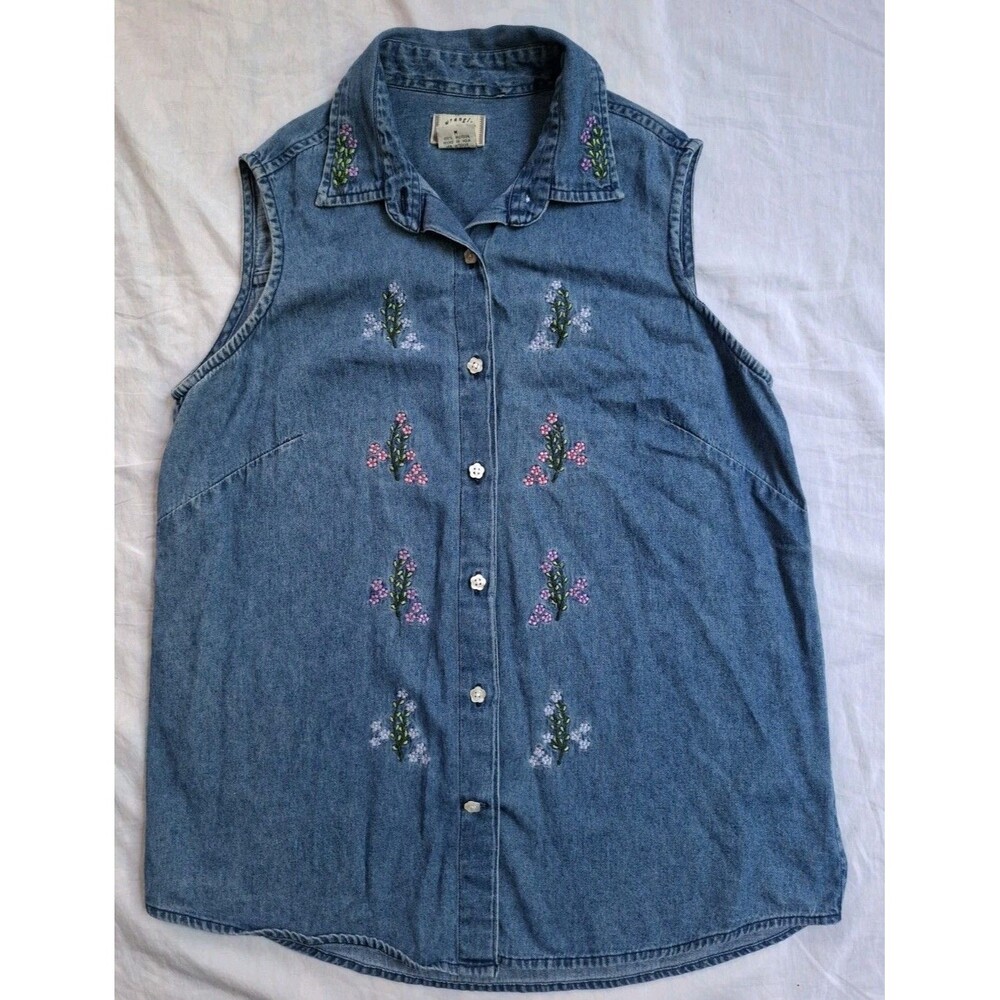 Wrangler Shirt Blue Denim Embroidered Floral Sleeveless Top Cottagecore Womens M